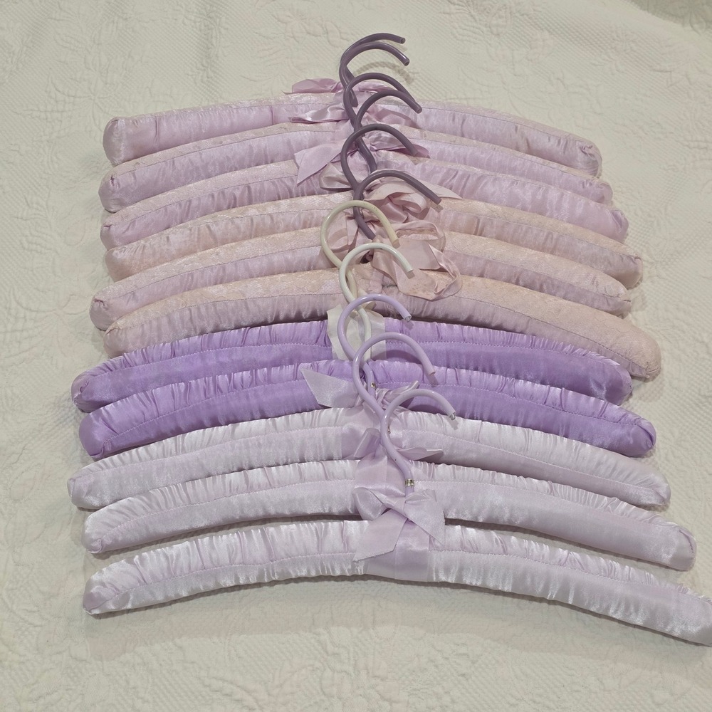 Vtg Padded Satin and Lace Clothing Hangers Purple Lavender Set of 11 READ Flaws